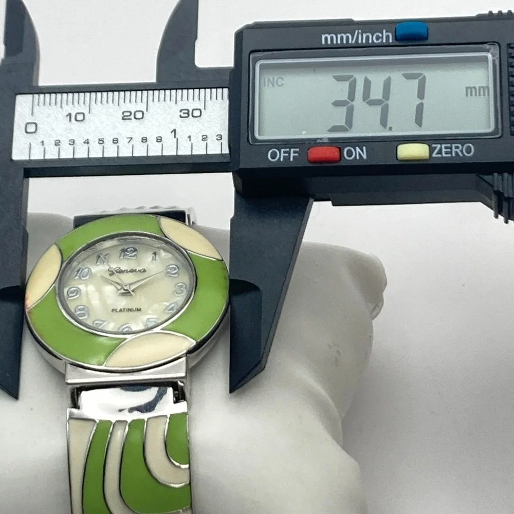 Geneva Women's Watch Silver Tone Green Enamel Look Cuff MOP New Battery SMALL 6